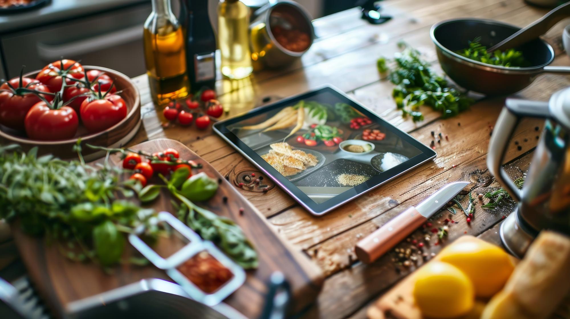 Tavolo elegante con set da cucina e app per lezioni online